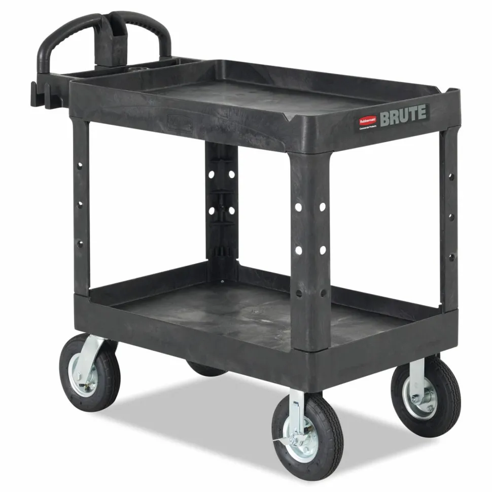 Rubbermaid Commercial BRUTE Heavy-Duty Utility Cart with Lipped Shelves, Plastic, 2 Shelves, 500 lb Capacity, 25.9" x 45.2" x 32.2", Black
