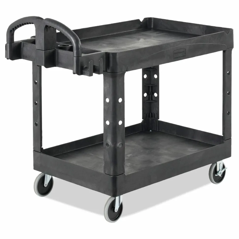 Rubbermaid Commercial BRUTE Heavy-Duty Utility Cart with Lipped Shelves, Plastic, 2 Shelves, 500 lb Capacity, 25.9" x 45.2" x 32.2", Black