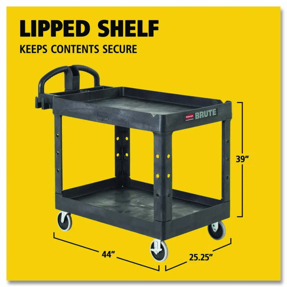 Rubbermaid Commercial BRUTE Heavy-Duty Utility Cart with Lipped Shelves, Plastic, 2 Shelves, 500 lb Capacity, 25.9" x 45.2" x 32.2", Black