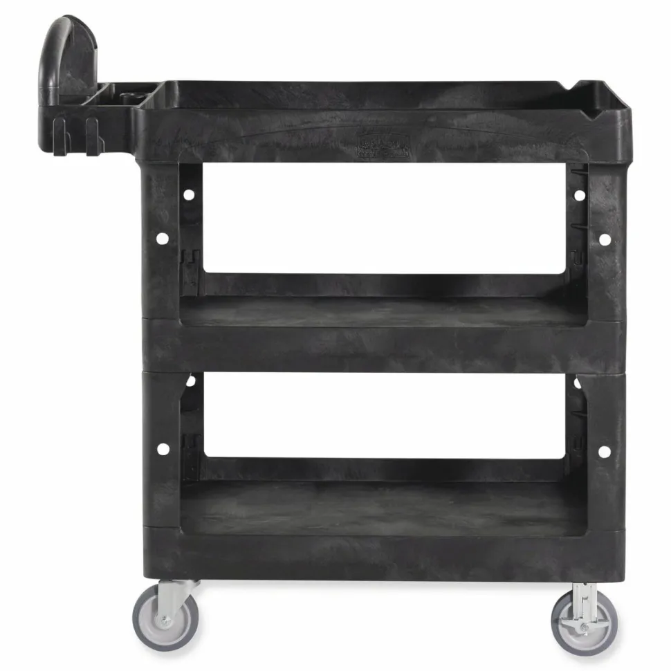 Rubbermaid Commercial BRUTE 3-Shelf Heavy-Duty Ergo Lipped Utility Cart, Resin, 3 Shelves, 600 lb Capacity, 25.24" x 44" x 47", Black