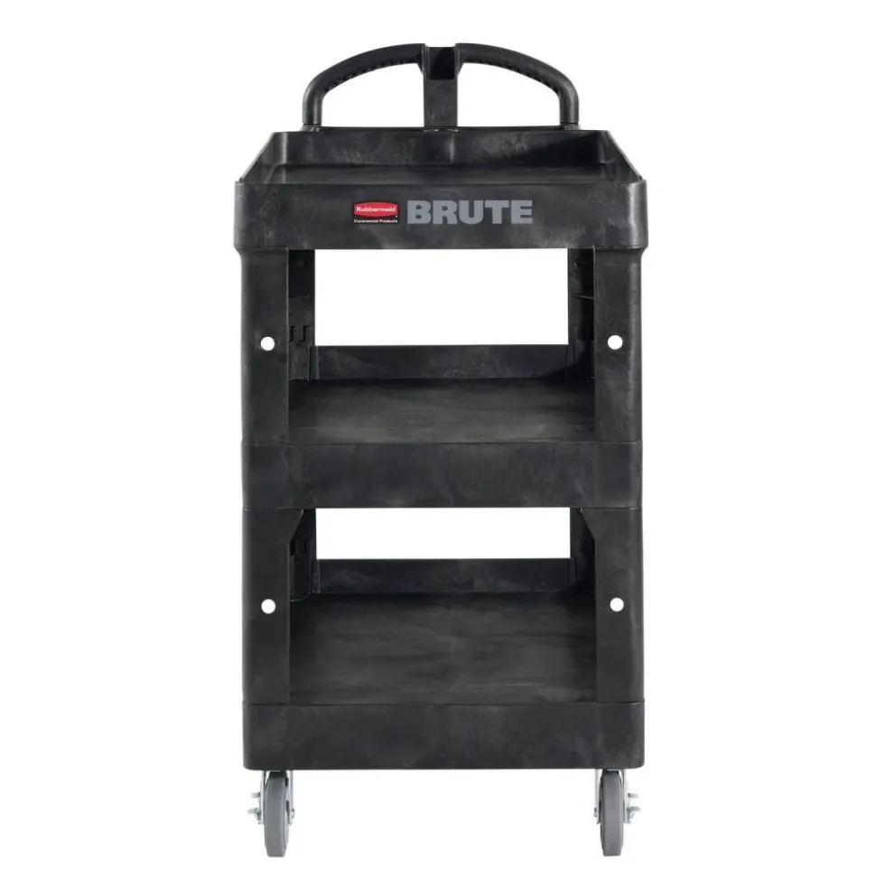 Rubbermaid Commercial BRUTE 3-Shelf Heavy-Duty Ergo Lipped Utility Cart, Resin, 3 Shelves, 600 lb Capacity, 25.24" x 44" x 47", Black