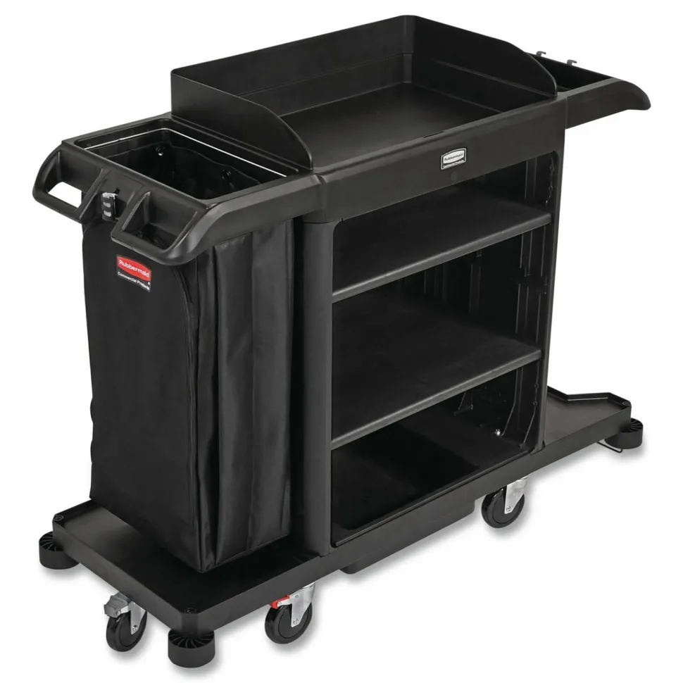 Rubbermaid Commercial Full-Size Housekeeping Cart, Plastic, 3 Shelves, 1 Bin, 24.4 x 62.4 x 49, Black