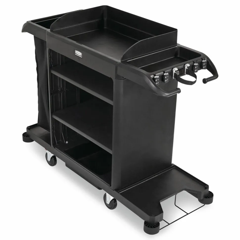 Rubbermaid Commercial Full-Size Housekeeping Cart, Plastic, 3 Shelves, 1 Bin, 24.4 x 62.4 x 49, Black
