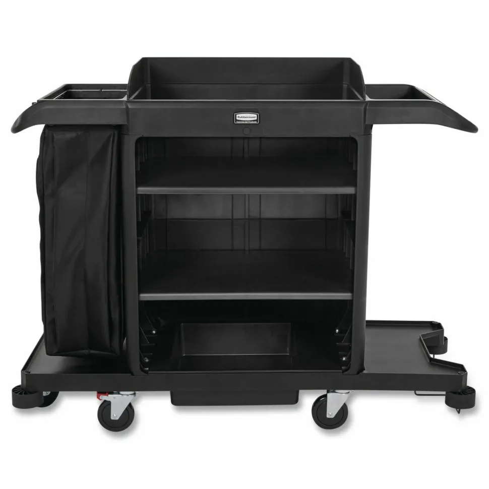 Rubbermaid Commercial Full-Size Housekeeping Cart, Plastic, 3 Shelves, 1 Bin, 24.4 x 62.4 x 49, Black