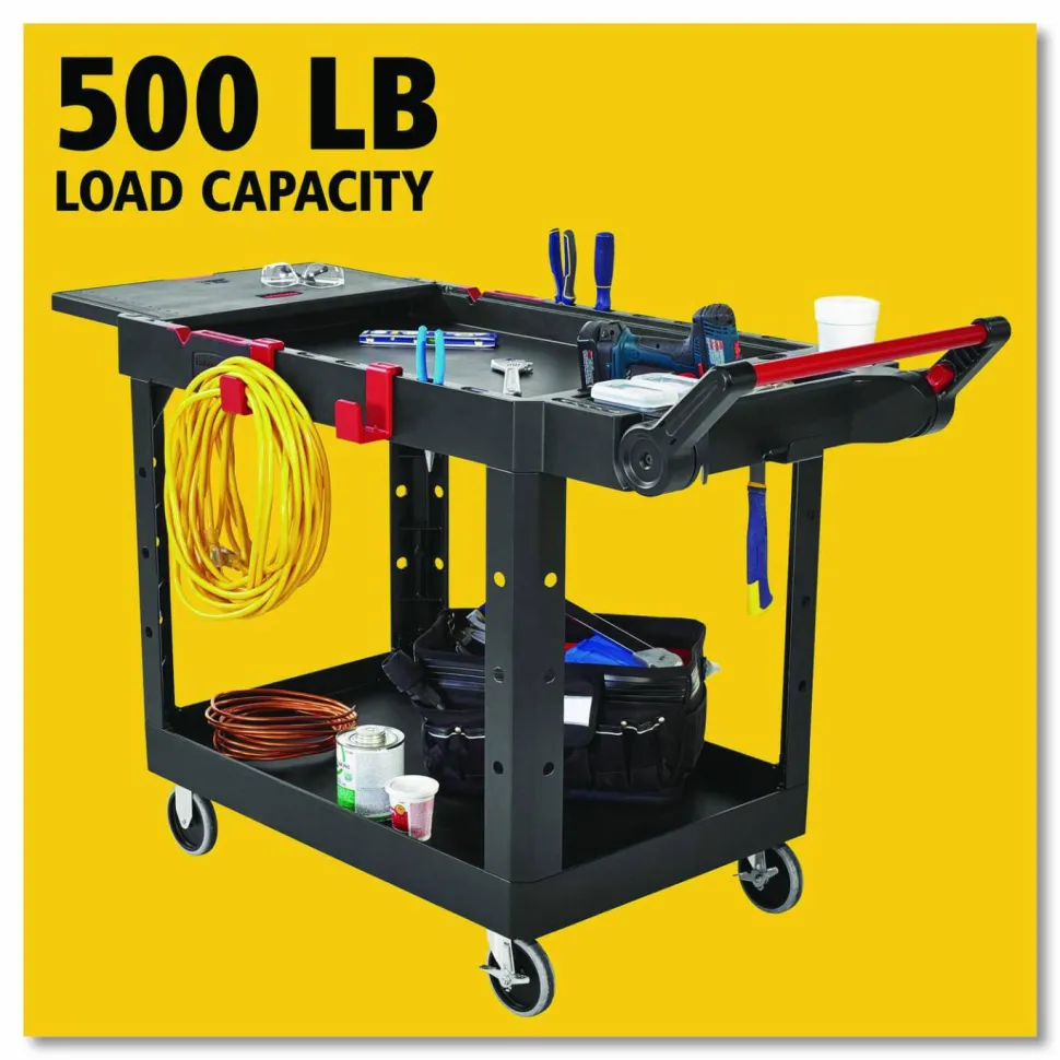 Rubbermaid Commercial Heavy Duty Adaptable Utility Cart, Plastic, 2 Shelves, 500 lb Capacity, 25.2" x 51.5" x 36", Black