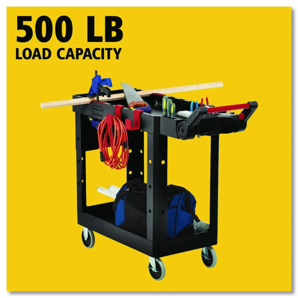 Rubbermaid Commercial Heavy Duty Adaptable Utility Cart, Plastic, 2 Shelves, 500 lb Capacity, 17.8" x 46.2" x 36", Black
