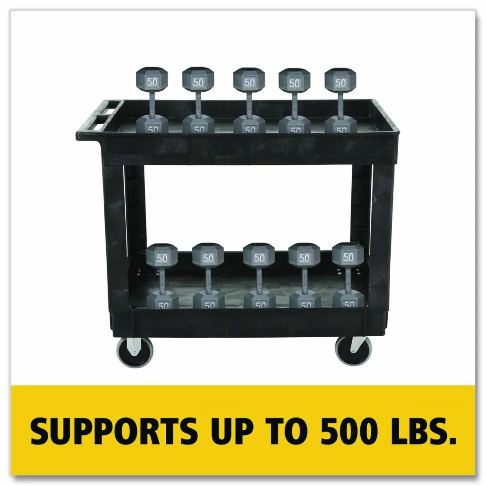 Rubbermaid Commercial Heavy-Duty Flat-Handle Maintenance/Utility Cart, Plastic, 2 Shelves, 500 lb Capacity, 24" x 40" x 31.25", Black