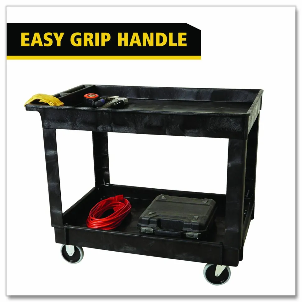 Rubbermaid Commercial Heavy-Duty Flat-Handle Maintenance/Utility Cart, Plastic, 2 Shelves, 500 lb Capacity, 24" x 40" x 31.25", Black