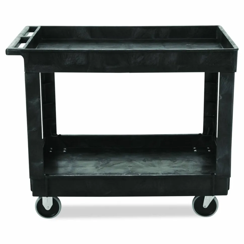 Rubbermaid Commercial Heavy-Duty Flat-Handle Maintenance/Utility Cart, Plastic, 2 Shelves, 500 lb Capacity, 24" x 40" x 31.25", Black