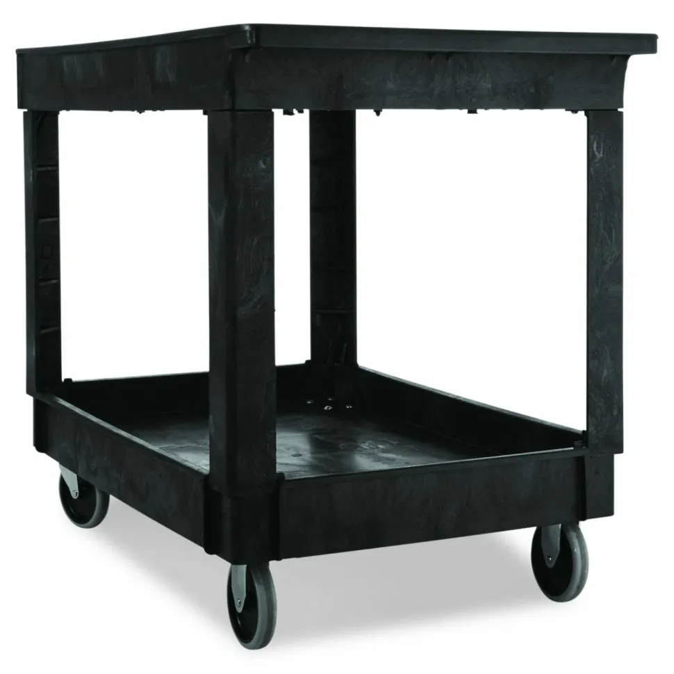 Rubbermaid Commercial Heavy-Duty Flat-Handle Maintenance/Utility Cart, Plastic, 2 Shelves, 500 lb Capacity, 24" x 40" x 31.25", Black