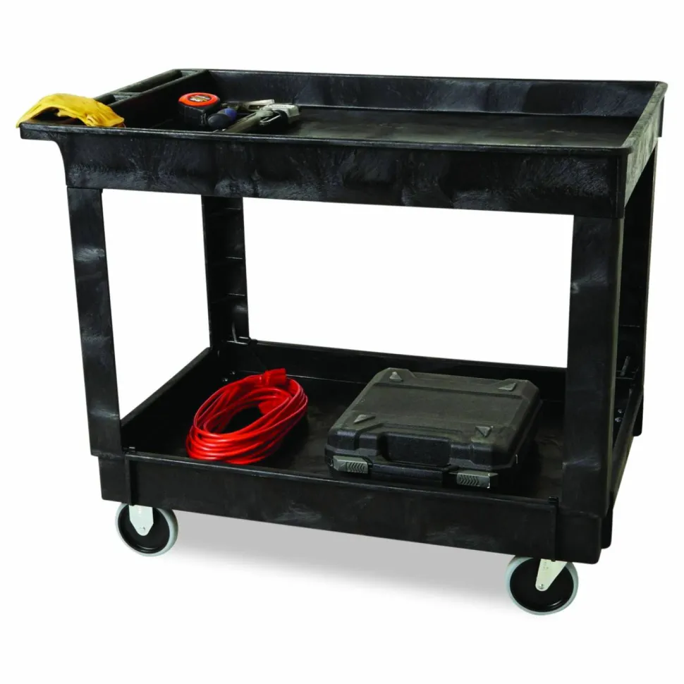 Rubbermaid Commercial Heavy-Duty Flat-Handle Maintenance/Utility Cart, Plastic, 2 Shelves, 500 lb Capacity, 24" x 40" x 31.25", Black