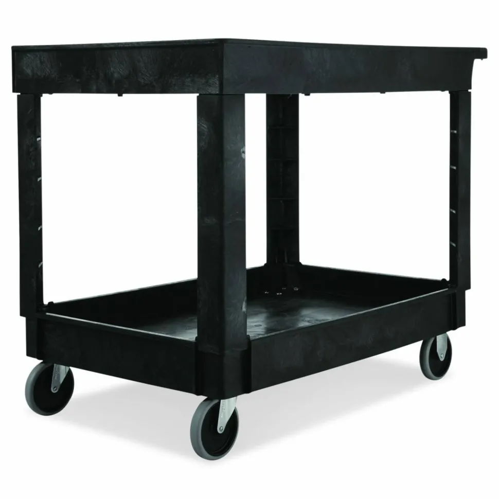 Rubbermaid Commercial Heavy-Duty Flat-Handle Maintenance/Utility Cart, Plastic, 2 Shelves, 500 lb Capacity, 24" x 40" x 31.25", Black