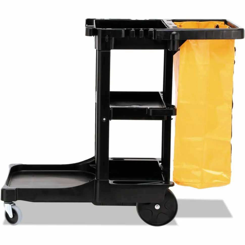 Rubbermaid Commercial Multi-Shelf Cleaning Cart, Plastic, 4 Shelves, 1 Bin, 20" x 45" x 38.25", Black