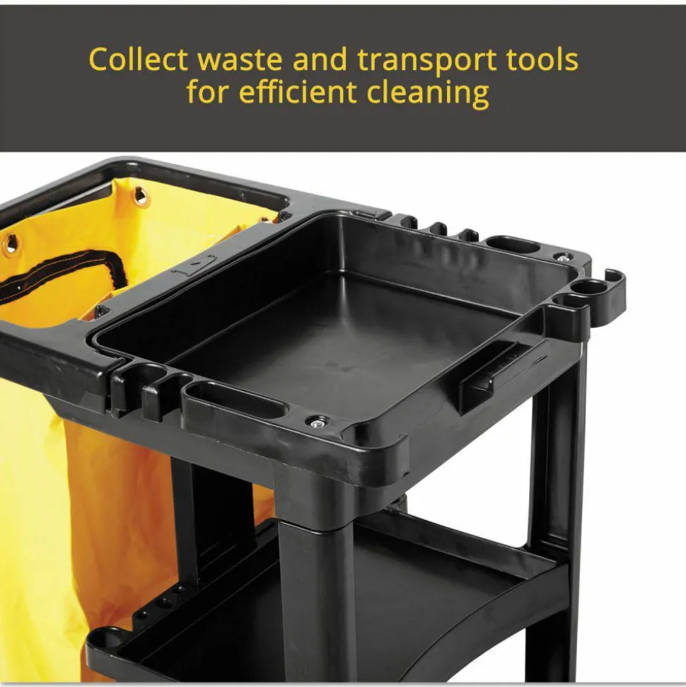 Rubbermaid Commercial Multi-Shelf Cleaning Cart, Plastic, 4 Shelves, 1 Bin, 20" x 45" x 38.25", Black