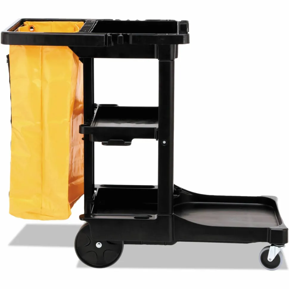 Rubbermaid Commercial Multi-Shelf Cleaning Cart, Plastic, 4 Shelves, 1 Bin, 20" x 45" x 38.25", Black