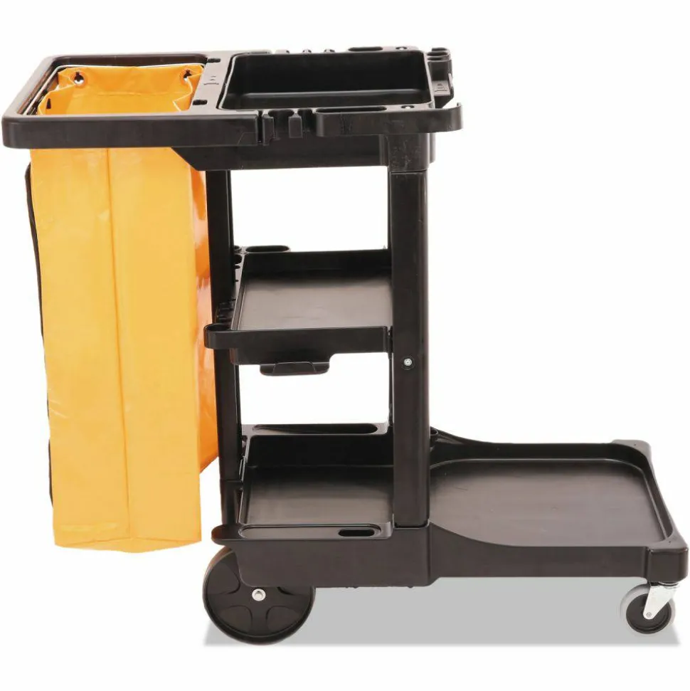 Rubbermaid Commercial Multi-Shelf Cleaning Cart, Plastic, 4 Shelves, 1 Bin, 20" x 45" x 38.25", Black