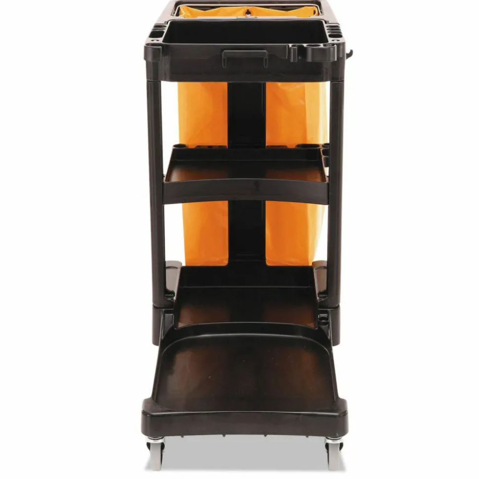 Rubbermaid Commercial Multi-Shelf Cleaning Cart, Plastic, 4 Shelves, 1 Bin, 20" x 45" x 38.25", Black