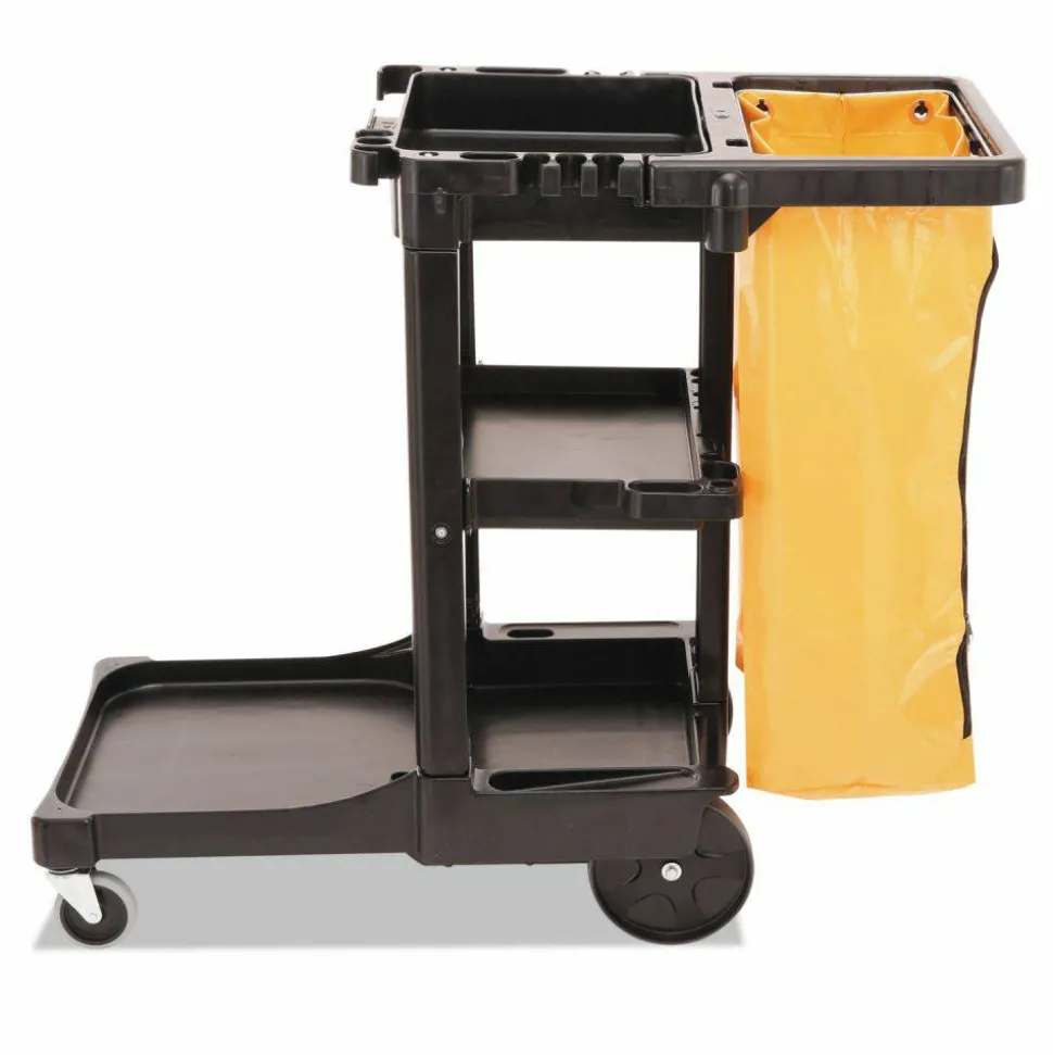 Rubbermaid Commercial Multi-Shelf Cleaning Cart, Plastic, 4 Shelves, 1 Bin, 20" x 45" x 38.25", Black