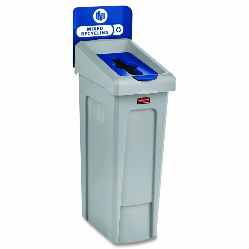 Rubbermaid Commercial Slim Jim Recycling Station Kit, 1-Stream Mixed Recycling, 23 gal, Plastic, Gray/Blue