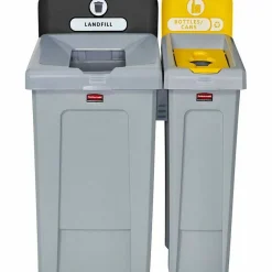 Rubbermaid Commercial Slim Jim Recycling Station Kit, 1-Stream Bottles and Cans, 23 gal, Plastic, Yellow/Gray