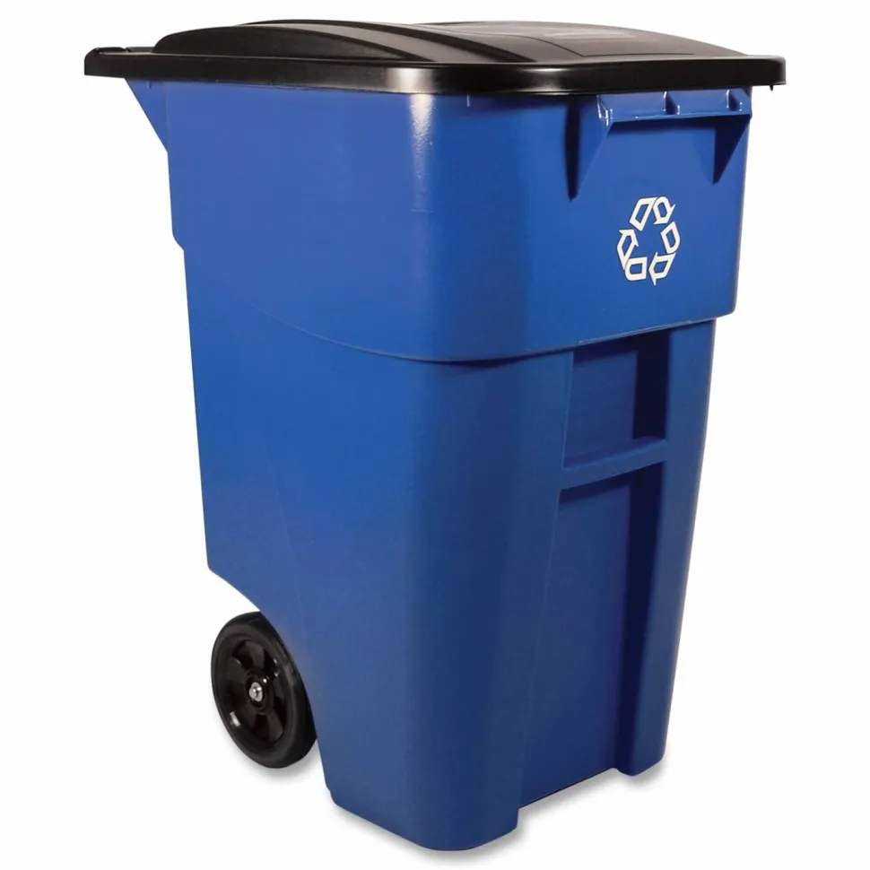 Rubbermaid Commercial Square Brute Recycling Rollout Container, 50 gal, Plastic, Blue