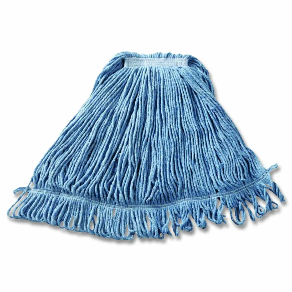 Rubbermaid Commercial Super Stitch Blend Mop Head, Cotton/Synthetic, Large, 1" Red Headband, Blue, 6/Carton
