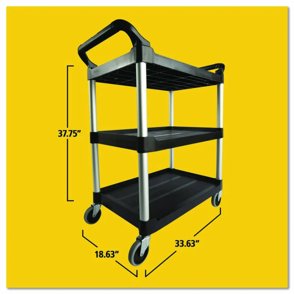Rubbermaid Commercial Three-Shelf Service Cart, Plastic, 3 Shelves, 200 lb Capacity, 18.63" x 33.63" x 37.75", Black