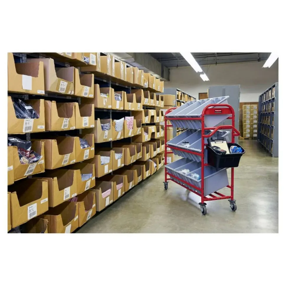 Rubbermaid Commercial Tote Picking Cart, Metal, 3 Shelves, 450 lb Capacity, 57" x 18.5" x 55", Red