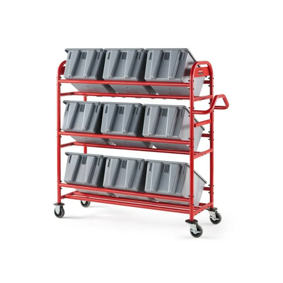 Rubbermaid Commercial Tote Picking Cart, Metal, 3 Shelves, 450 lb Capacity, 57" x 18.5" x 55", Red