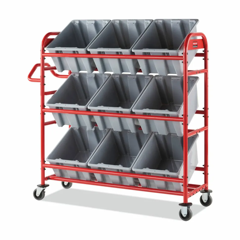 Rubbermaid Commercial Tote Picking Cart, Metal, 3 Shelves, 450 lb Capacity, 57" x 18.5" x 55", Red