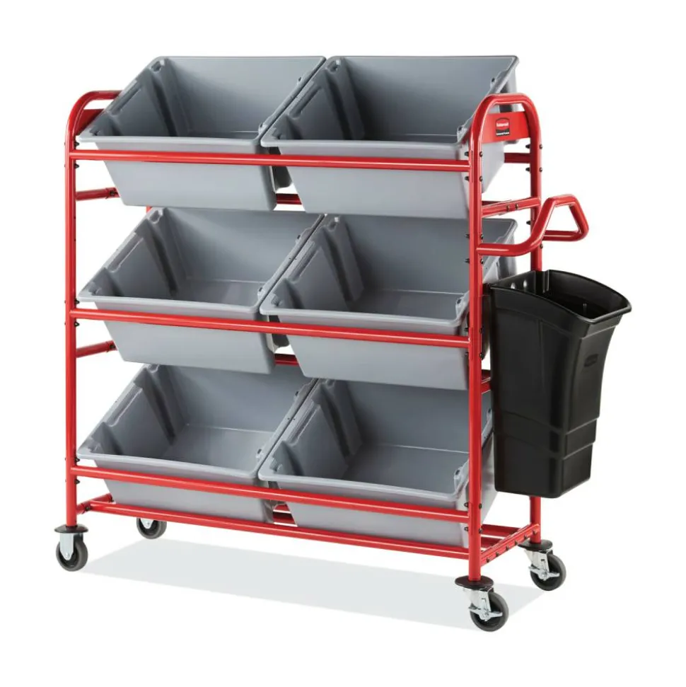 Rubbermaid Commercial Tote Picking Cart, Metal, 3 Shelves, 450 lb Capacity, 57" x 18.5" x 55", Red