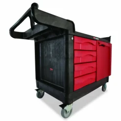 Rubbermaid Commercial TradeMaster Cart with One Door, Plastic, 3 Shelves, 4 Drawers, 750 lb Capacity, 26.25
