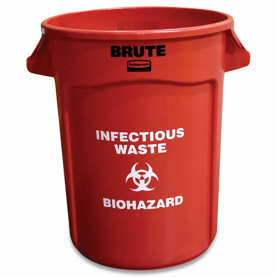 Rubbermaid Commercial Vented Round Brute Container, "Infectious Waste: Biohazard" Imprint, 32 gal, Plastic, Red