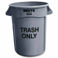 Rubbermaid Commercial Vented Round Brute Container, "Trash Only" Imprint, 32 gal, Plastic, Gray
