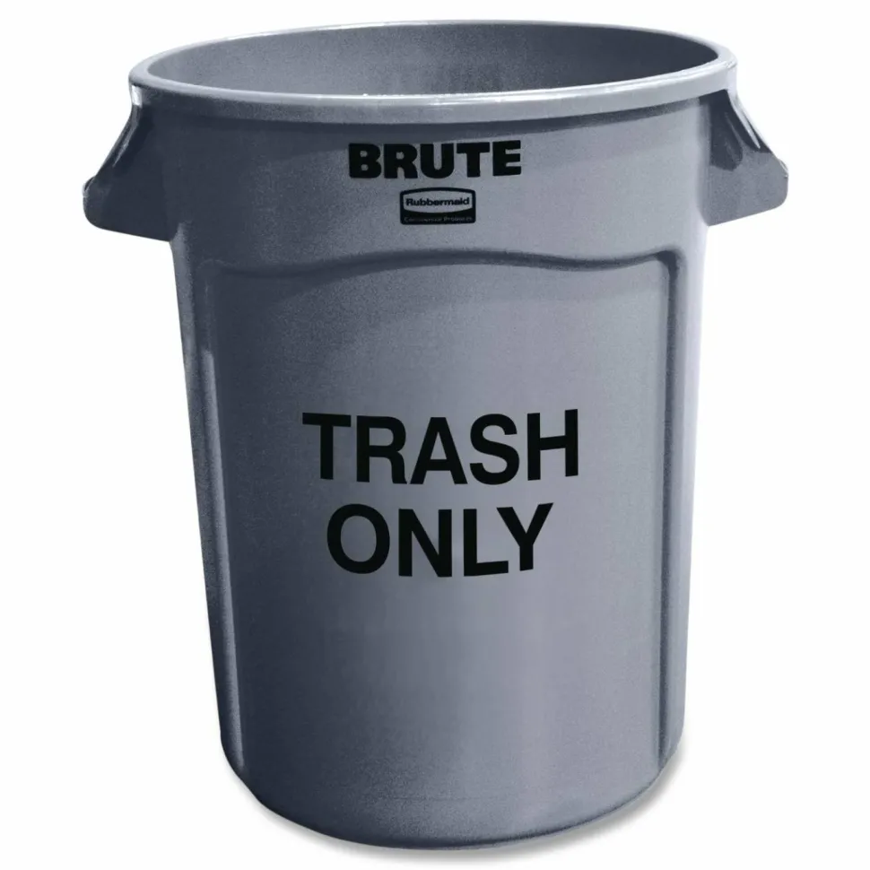 Rubbermaid Commercial Vented Round Brute Container, "Trash Only" Imprint, 32 gal, Plastic, Gray