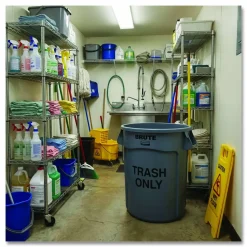 Rubbermaid Commercial Vented Round Brute Container, "Trash Only" Imprint, 32 gal, Plastic, Gray