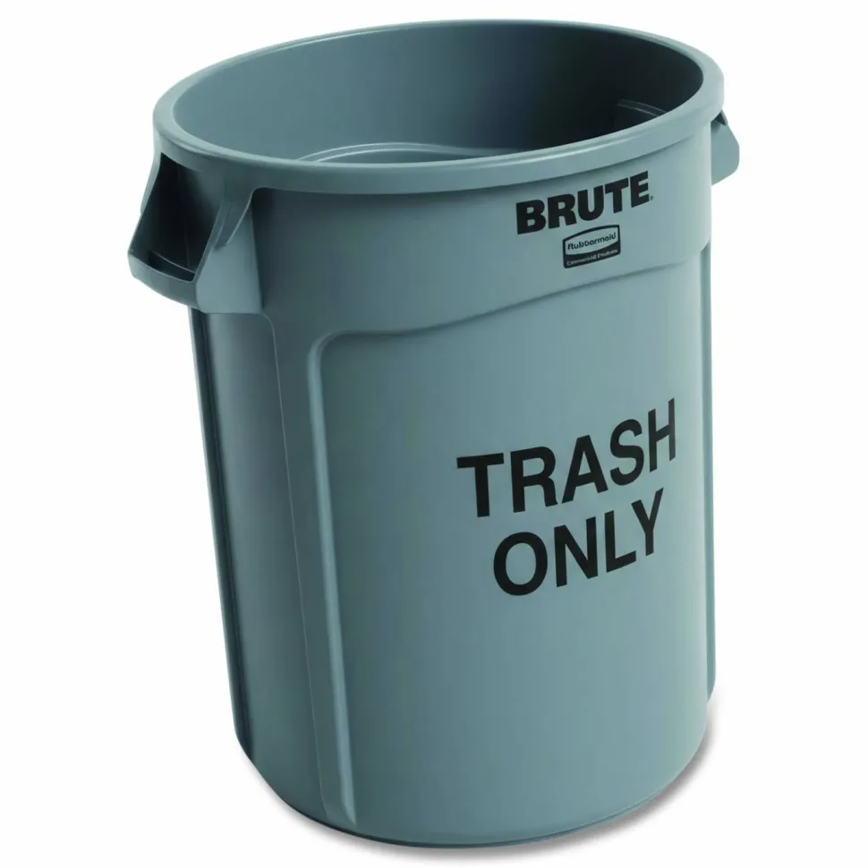 Rubbermaid Commercial Vented Round Brute Container, "Trash Only" Imprint, 32 gal, Plastic, Gray