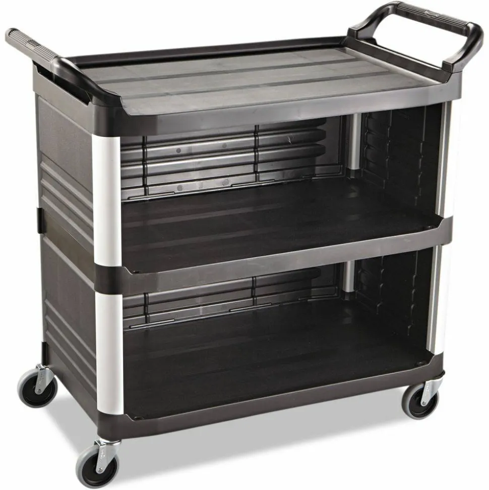 Rubbermaid Commercial Xtra Utility Cart with Enclosed Sides and Back, Plastic, 3 Shelves, 300 lb Capacity, 20" x 40.63" x 37.8", Black