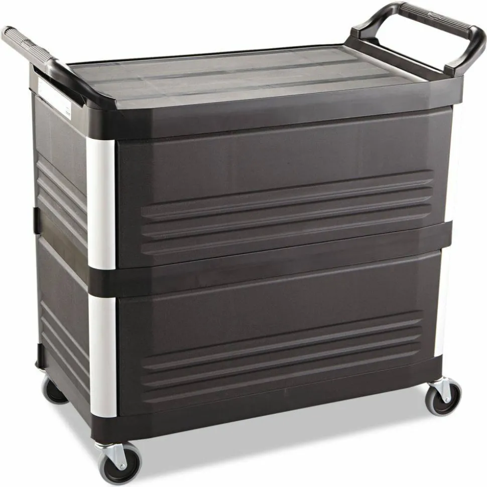 Rubbermaid Commercial Xtra Utility Cart with Enclosed Sides and Back, Plastic, 3 Shelves, 300 lb Capacity, 20" x 40.63" x 37.8", Black