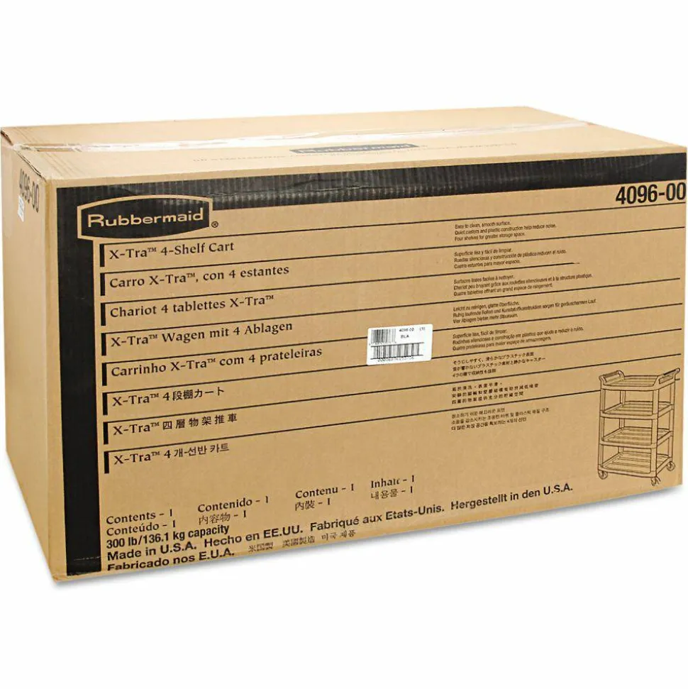 Rubbermaid Commercial Xtra Utility Cart with Open Sides, Plastic, 4 Shelves, 400 lb Capacity, 40.63" x 20" x 51", Black