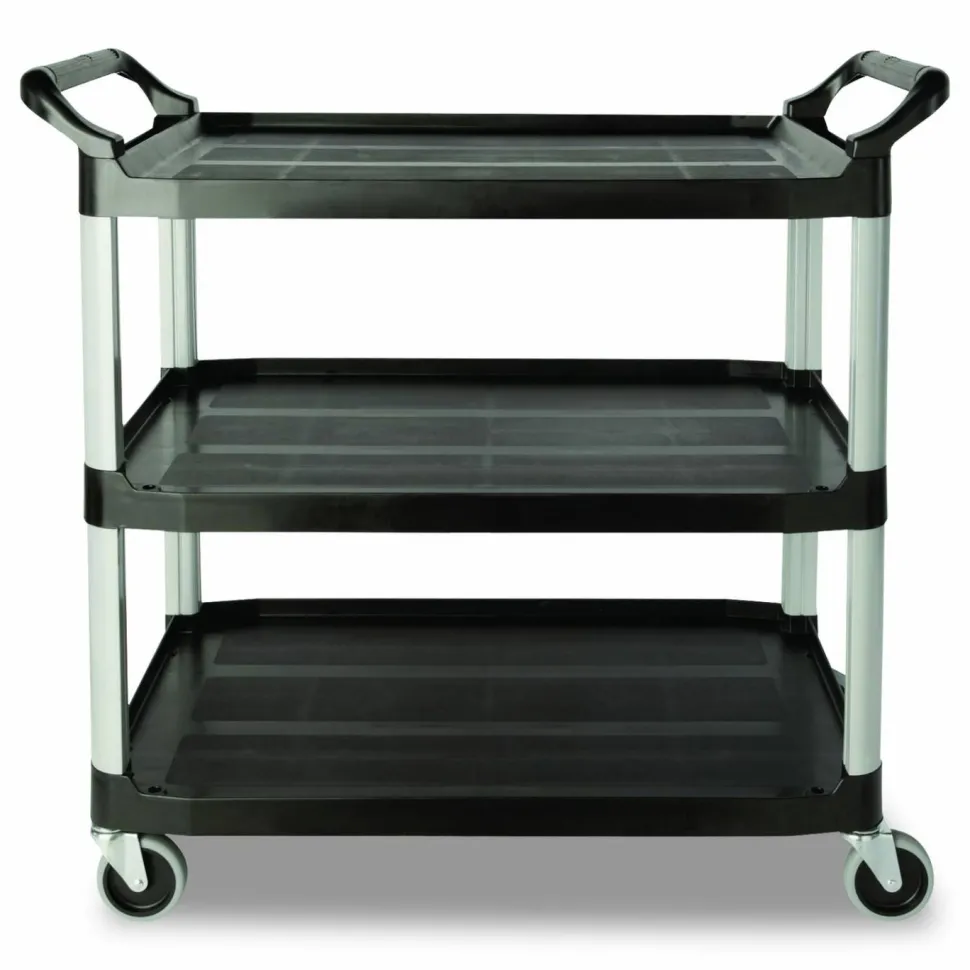 Rubbermaid Commercial Xtra Utility Cart with Open Sides, Plastic, 3 Shelves, 300 lb Capacity, 40.63" x 20" x 37.81", Black