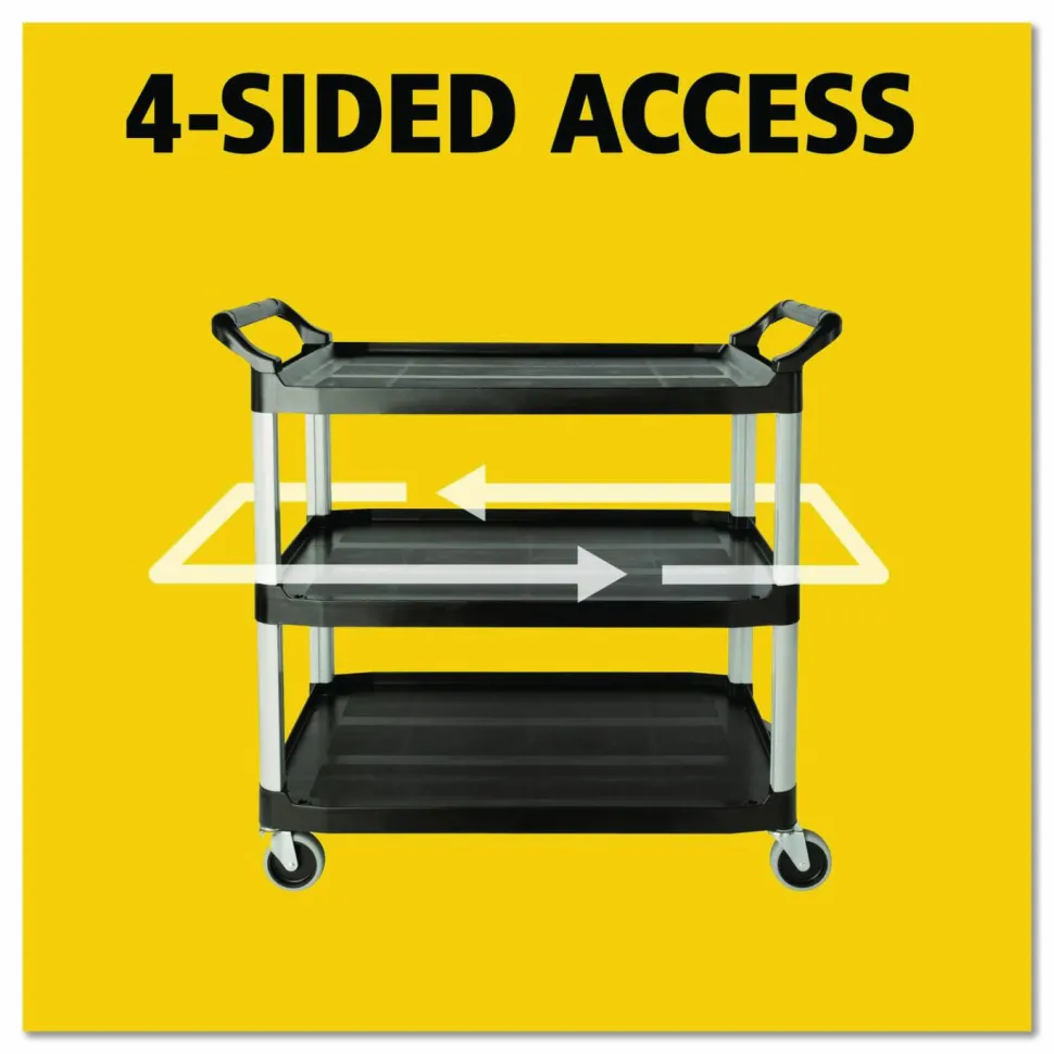 Rubbermaid Commercial Xtra Utility Cart with Open Sides, Plastic, 3 Shelves, 300 lb Capacity, 40.63" x 20" x 37.81", Black