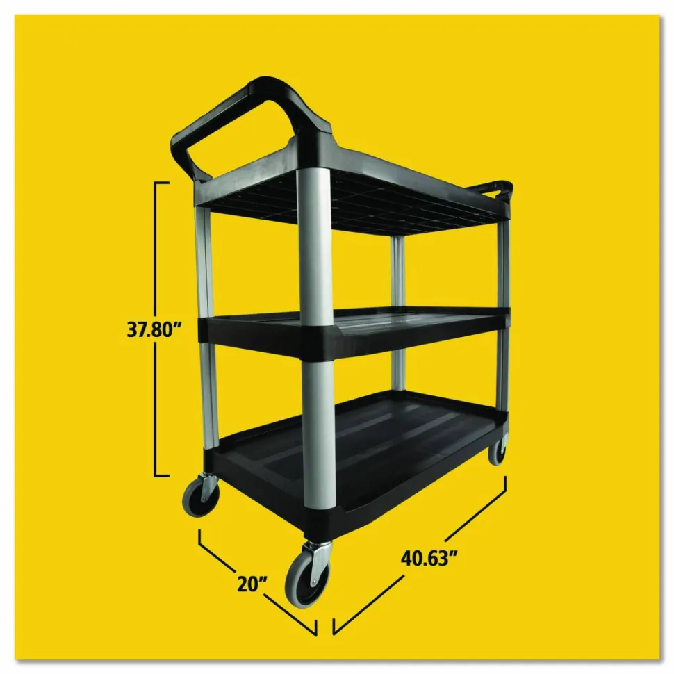 Rubbermaid Commercial Xtra Utility Cart with Open Sides, Plastic, 3 Shelves, 300 lb Capacity, 40.63" x 20" x 37.81", Black