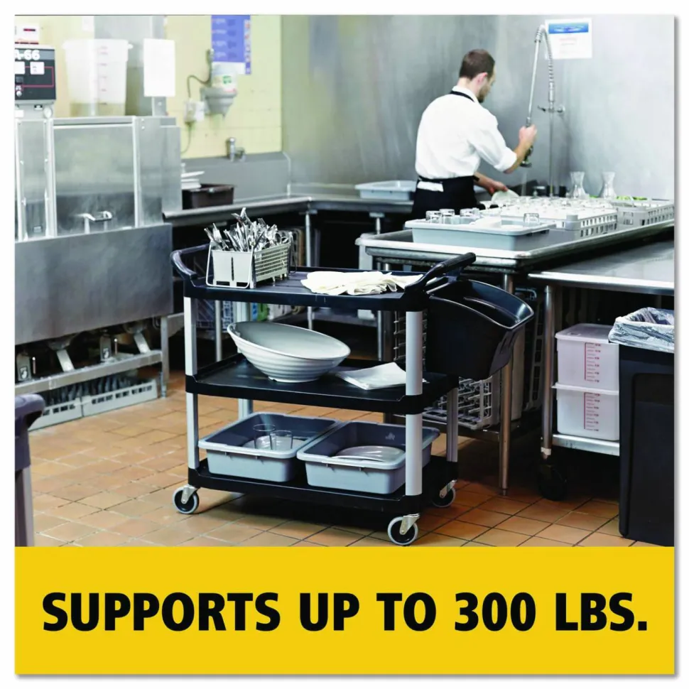Rubbermaid Commercial Xtra Utility Cart with Open Sides, Plastic, 3 Shelves, 300 lb Capacity, 40.63" x 20" x 37.81", Black