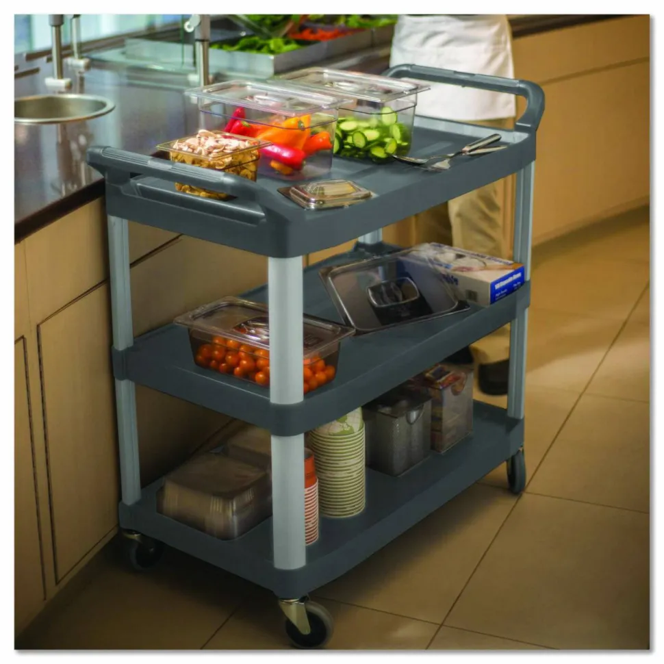 Rubbermaid Commercial Xtra Utility Cart with Open Sides, Plastic, 3 Shelves, 300 lb Capacity, 40.63" x 20" x 37.81", Black