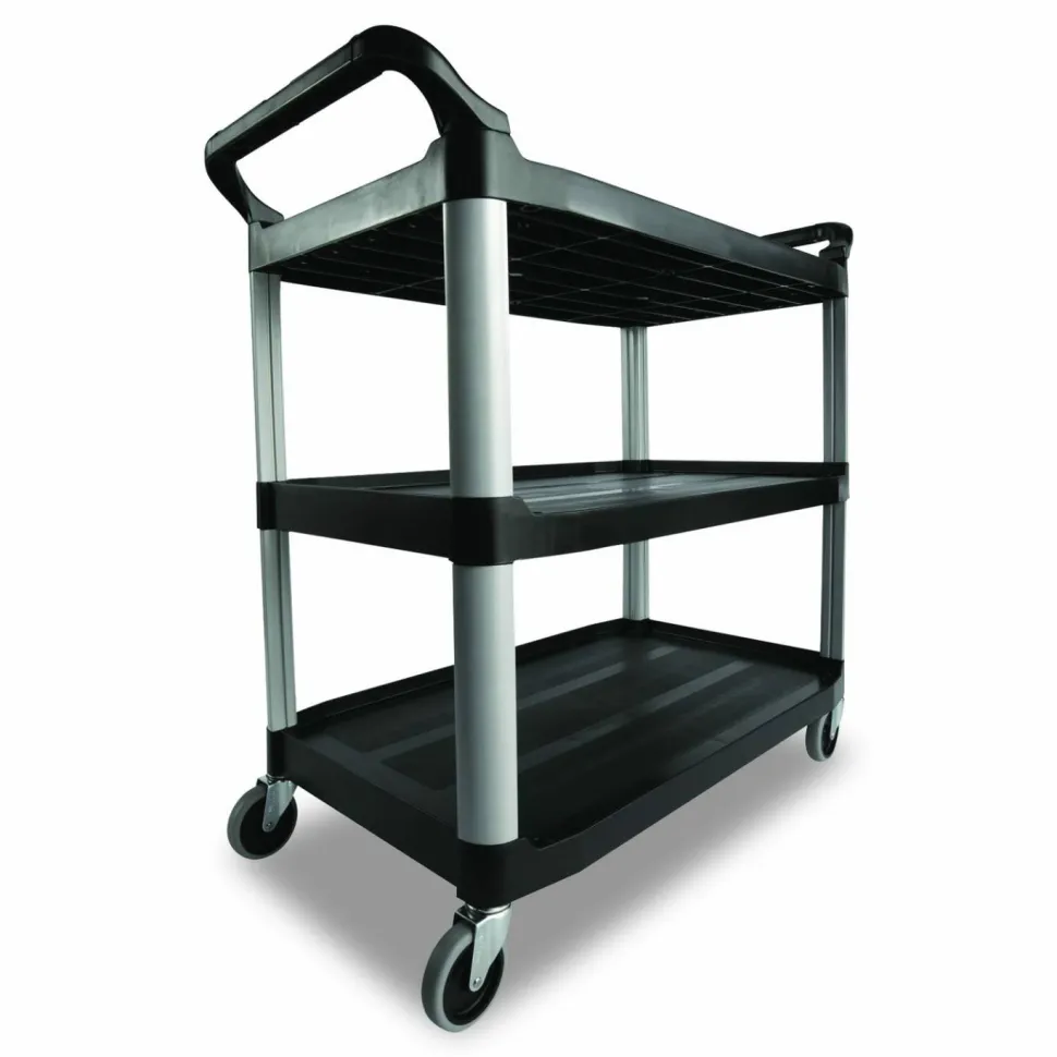 Rubbermaid Commercial Xtra Utility Cart with Open Sides, Plastic, 3 Shelves, 300 lb Capacity, 40.63" x 20" x 37.81", Black