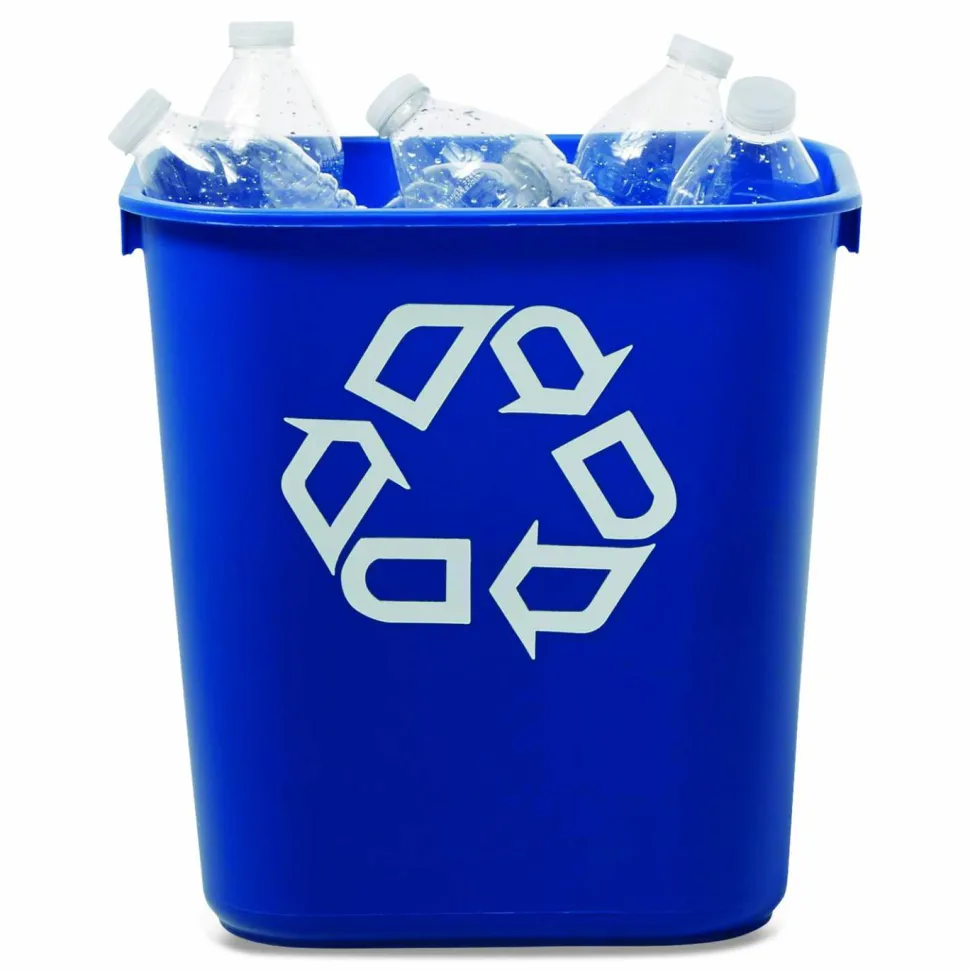 Rubbermaid Deskside "We Recycle" Container, 3 1/4 Gallons (12.3L), 12 1/8"H x 11 3/8"W x 8 1/4"D, Blue