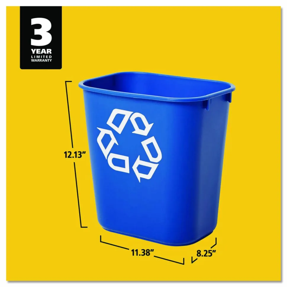 Rubbermaid Deskside "We Recycle" Container, 3 1/4 Gallons (12.3L), 12 1/8"H x 11 3/8"W x 8 1/4"D, Blue