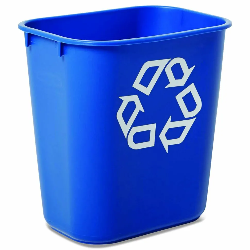 Rubbermaid Deskside "We Recycle" Container, 3 1/4 Gallons (12.3L), 12 1/8"H x 11 3/8"W x 8 1/4"D, Blue
