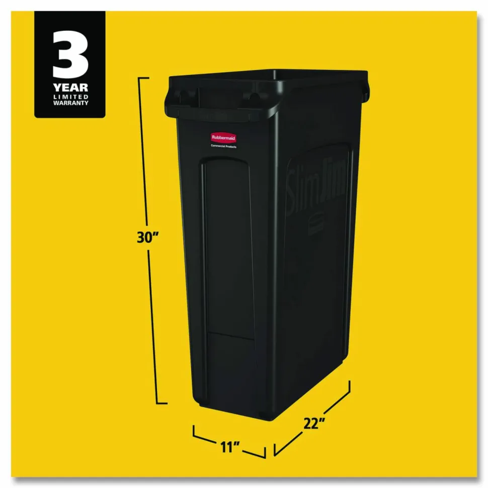 Rubbermaid Slim Jim Commercial Rectangular Plastic Waste Receptacle, 23 Gallons, 30"H x 22"W x 11"D, Black